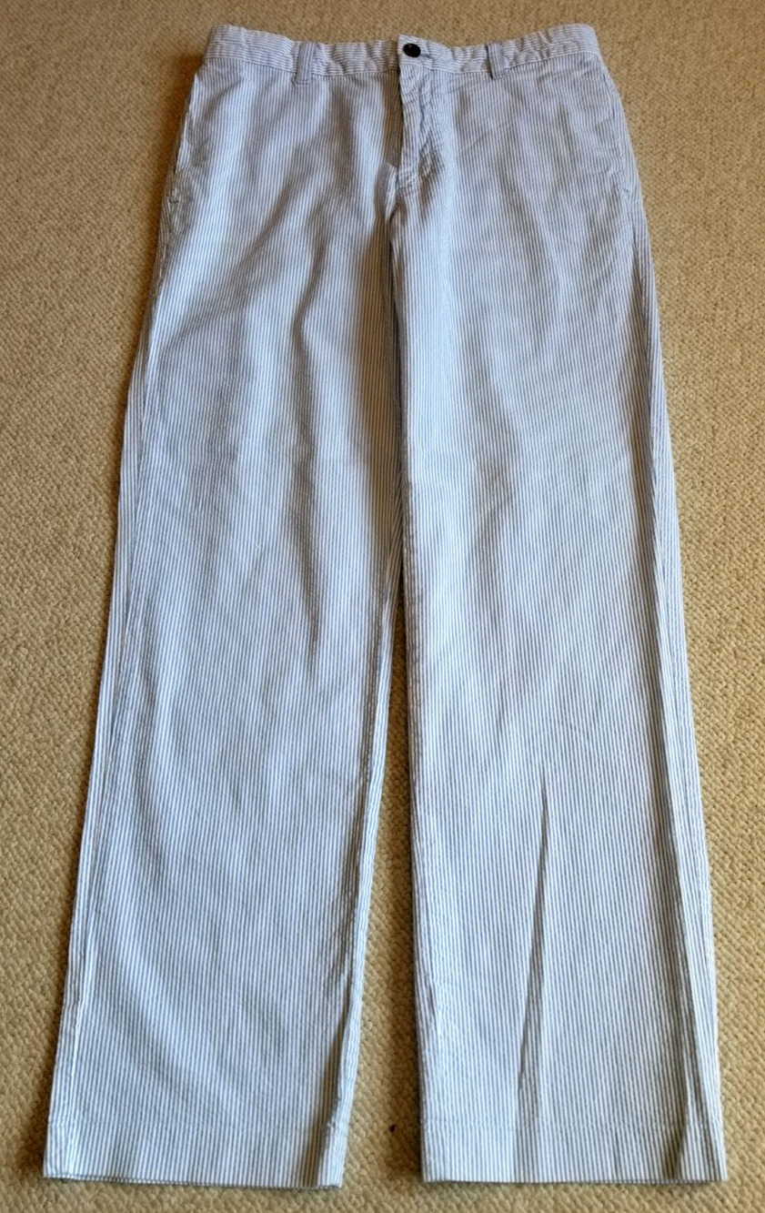 Mens Pants-IZOD-blue/white cotton striped seersucker 'Straight Fit'-32x32